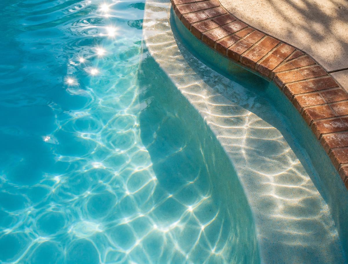 Sunlit, crystal-clear pool water beside brick coping